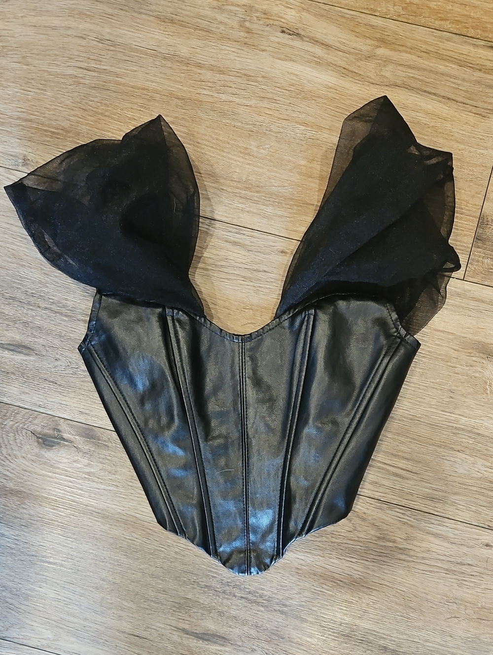 Fasion Nova Black Faux Leather Corset Top with Sheer Organza Sleeves Small